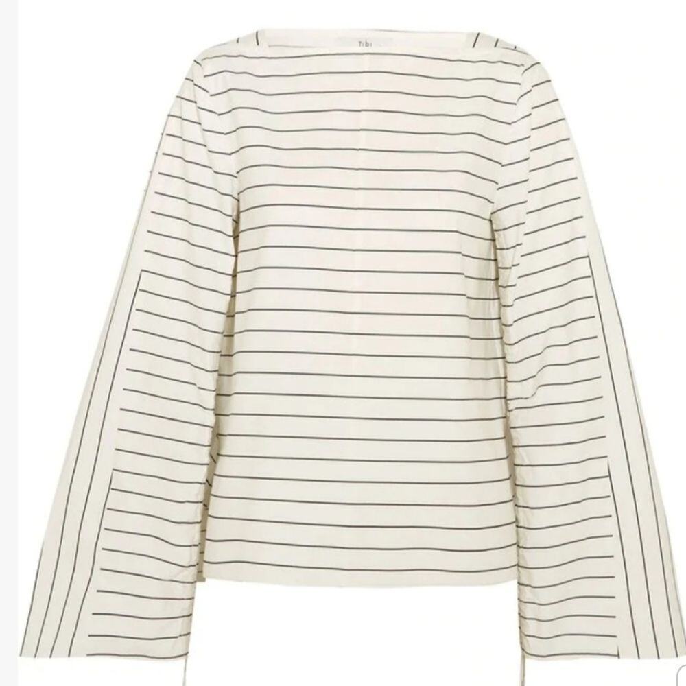 NWT Tibi Ivory Black Striped Poplin Cotton Blouse Shirred Tie Sleeve Size 4